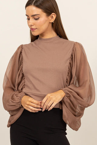 Shop Mocha HYFVE Ruched Sheer Long Sleeve Mock Neck Blouse - High-Quality U.S. Made Women’s Fashion with Free & Fast Shipping