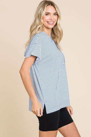 Shop Culture Code Full Size Striped Short Sleeve Hooded Top - High-Quality U.S. Made Women’s Fashion with Free & Fast Shipping