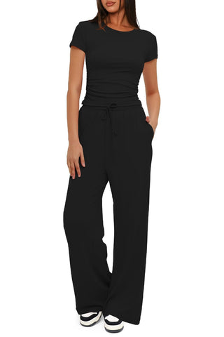 Shop Round Neck Short Sleeve Top and Pants Set - High-Quality U.S. Made Women’s Fashion with Free & Fast Shipping