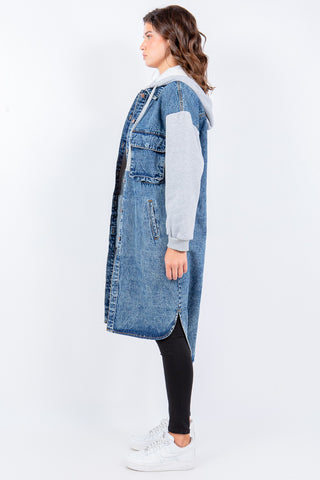 Shop American Bazi Contrast Longline Hooded Denim Jacket - High-Quality U.S. Made Women’s Fashion with Free & Fast Shipping