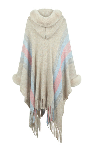 Shop Color Block Fringe Detail Poncho - High-Quality U.S. Made Women’s Fashion with Free Fast Shipping