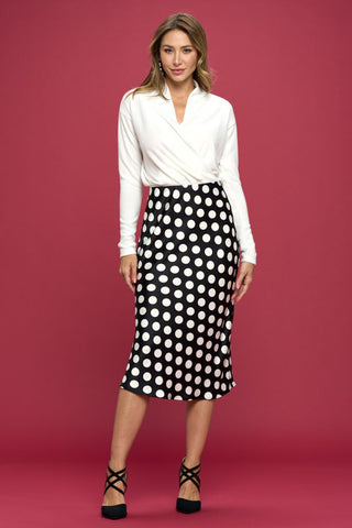 Shop RENEE C Polka Dot Satin Midi Skirt - High-Quality U.S. Made Women’s Fashion with Free & Fast Shipping