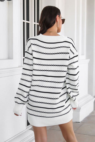 Shop Striped V-Neck Sweater Dress - High-Quality U.S. Made Women’s Fashion with Free Fast Shipping