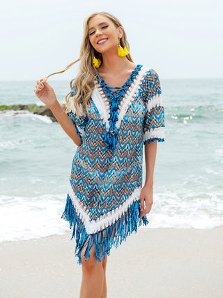 Shop Fringe V-Neck Half Sleeve Cover-Up - High-Quality U.S. Made Women’s Fashion with Free & Fast Shipping