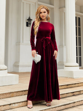 Shop Burgundy Tie Front Round Neck Long Sleeve Maxi Dress - High-Quality U.S. Made Women’s Fashion with Free & Fast Shipping