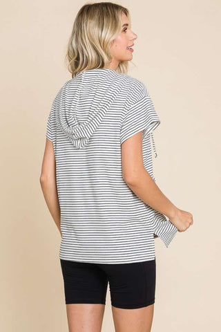 Shop Culture Code Full Size Striped Short Sleeve Hooded Top - High-Quality U.S. Made Women’s Fashion with Free & Fast Shipping