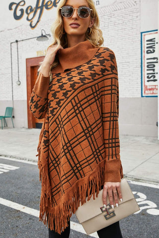 Shop Houndstooth Turtleneck Fringe Hem Poncho - High-Quality U.S. Made Women’s Fashion with Free Fast Shipping