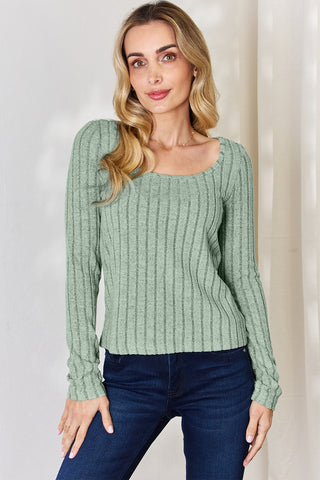 Shop Light Green Basic Bae Full Size Ribbed Long Sleeve T-Shirt - High-Quality U.S. Made Women’s Fashion with Free & Fast Shipping