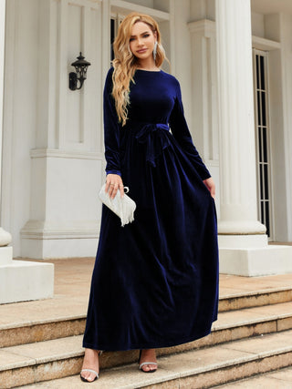 Shop Dark Blue Tie Front Round Neck Long Sleeve Maxi Dress - High-Quality U.S. Made Women’s Fashion with Free & Fast Shipping