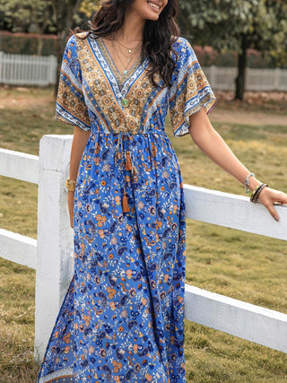 Shop Blue Slit Printed V-Neck Half Sleeve Maxi Dress - High-Quality U.S. Made Women’s Fashion with Free & Fast Shipping