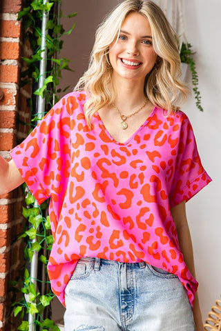 Shop PINK First Love Leopard V-Neck Short Sleeve Woven Top - High-Quality U.S. Made Women’s Fashion with Free & Fast Shipping