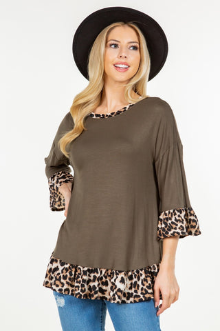 Shop Celeste Full Size Flounce Sleeve Leopard Trim Top - High-Quality U.S. Made Women’s Fashion with Free & Fast Shipping