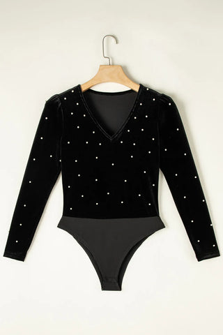 Shop Pearl Detail V-Neck Long Sleeve Bodysuit - High-Quality U.S. Made Women’s Fashion with Free & Fast Shipping