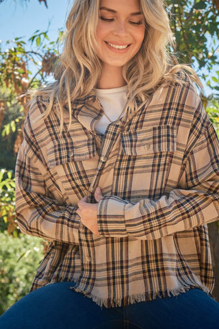 Shop And The Why Full Size Button Up Raw Hem Plaid Shirt - High-Quality U.S. Made Women’s Fashion with Free & Fast Shipping