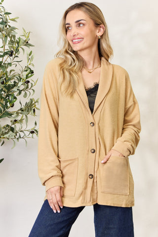 Shop Gold Heimish Full Size Button Up Long Sleeve Cardigan - High-Quality U.S. Made Women’s Fashion with Free & Fast Shipping