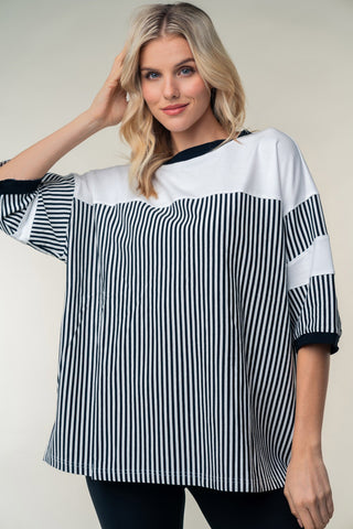 Shop Black White Birch Full Size Striped Contrast Round Neck Top - High-Quality U.S. Made Women’s Fashion with Free & Fast Shipping