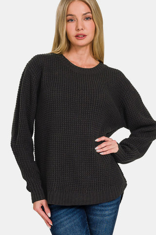 Shop Black Zenana High Low Long Sleeve Waffle Sweater - High-Quality U.S. Made Women’s Fashion with Free & Fast Shipping