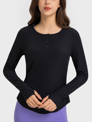 Shop Black Millennia Round Neck Long Sleeve Sport Top - High-Quality U.S. Made Women’s Fashion with Free & Fast Shipping