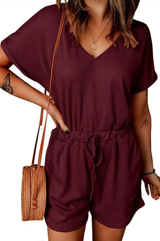 Shop Full Size Drawstring V-Neck Short Sleeve Romper - High-Quality U.S. Made Women’s Fashion with Free Fast Shipping