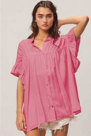 Shop BiBi Shirred Ruffled Button-Down Shirt Now On Klozey Store - Trendy U.S. Premium Women Apparel & Accessories And Be Up-To-Fashion!
