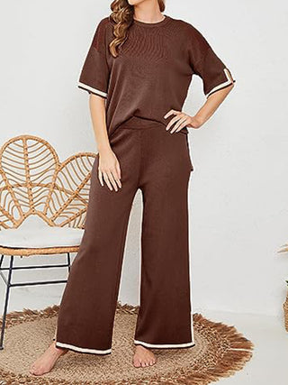 Shop Contrast High-Low Sweater and Knit Pants Set - High-Quality U.S. Made Women’s Fashion with Free Fast Shipping