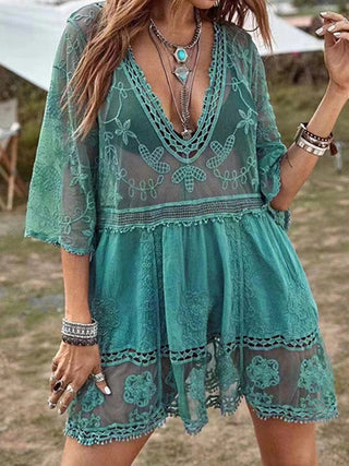 Shop Teal One Size Lace Detail Plunge Cover-Up Dress - High-Quality U.S. Made Women’s Fashion with Free & Fast Shipping