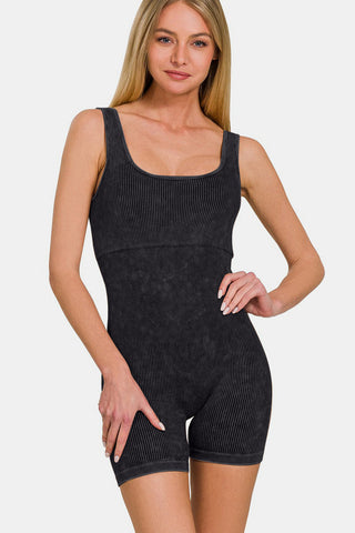 Shop Zenana Washed Ribbed Romper with Pad - High-Quality U.S. Made Women’s Fashion with Free & Fast Shipping