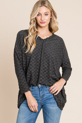 Shop Charcoal BOMBOM Checkered Long Sleeve V-Neck T-Shirt - High-Quality U.S. Made Women’s Fashion with Free & Fast Shipping