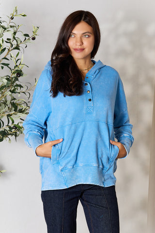 Shop Zenana Half Snap Long Sleeve Hoodie with Pockets - High-Quality U.S. Made Women’s Fashion with Free & Fast Shipping