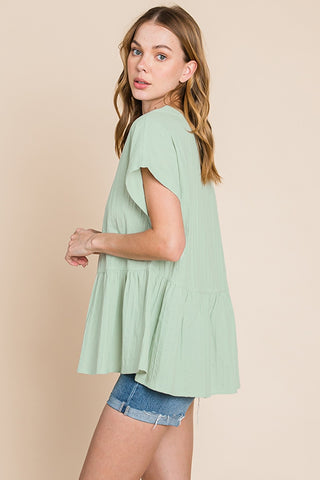 Shop Cotton Bleu by Nu Lab Ruched Notched Short Sleeve Blouse - High-Quality U.S. Made Women’s Fashion with Free & Fast Shipping