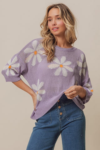 Shop BiBi Floral Pattern Slit Sweater - High-Quality U.S. Made Women’s Fashion with Free & Fast Shipping