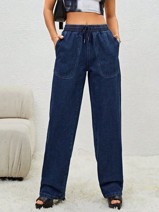 Shop Dark Drawstring Elastic Waist Jeans with Pockets - High-Quality U.S. Made Women’s Fashion with Free & Fast Shipping