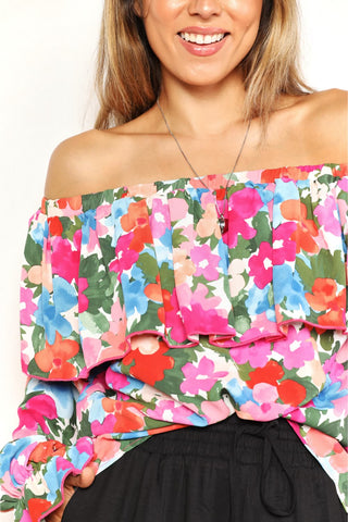 Shop Floral Off-Shoulder Flounce Sleeve Layered Blouse - High-Quality U.S. Made Women’s Fashion with Free & Fast Shipping