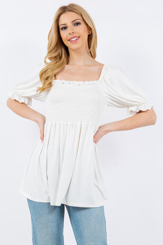 Shop Ivory Celeste Full Size Ruffled Short Sleeve Smocked Blouse - High-Quality U.S. Made Women’s Fashion with Free & Fast Shipping