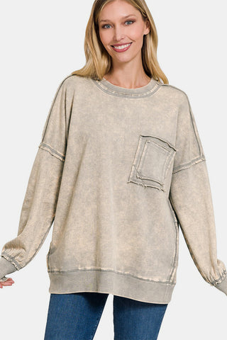 Shop Sleet Zenana Exposed Seam Round Neck Dropped Shoulder Sweatshirt - High-Quality U.S. Made Women’s Fashion with Free & Fast Shipping