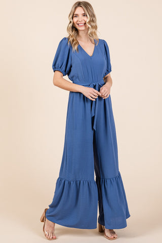 Shop GeeGee Full Size V-Neck Belted Wide Leg Jumpsuit - High-Quality U.S. Made Women’s Fashion with Free & Fast Shipping