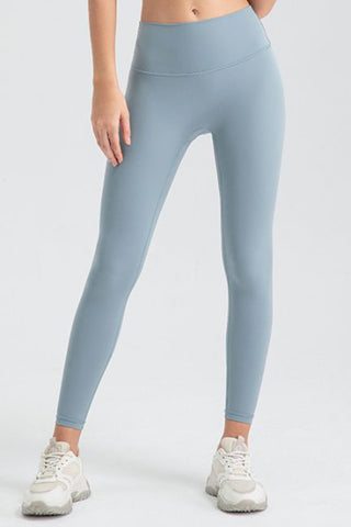 Shop Misty Blue Wide Waistband Sport Leggings - High-Quality U.S. Made Women’s Fashion with Free & Fast Shipping