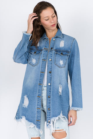 Shop American Bazi Distressed Frayed Hem Denim Jacket - High-Quality U.S. Made Women’s Fashion with Free Fast Shipping