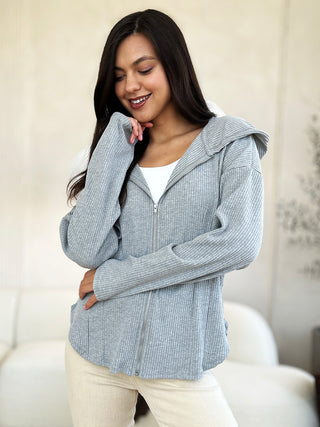 Shop H.Grey Culture Code Full Size Ribbed Zip Up Drawstring Hooded Jacket - High-Quality U.S. Made Women’s Fashion with Free & Fast Shipping