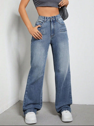 Shop Medium High Rise Wide Leg Jeans with Pockets - High-Quality U.S. Made Women’s Fashion with Free & Fast Shipping