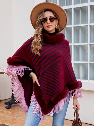 Shop Striped Fringe Hem Poncho - High-Quality U.S. Made Women’s Fashion with Free Fast Shipping