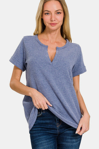 Shop Zenana Notched Short Sleeve Waffle T-Shirt - High-Quality U.S. Made Women’s Fashion with Free & Fast Shipping