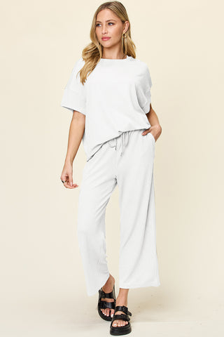 Shop Double Take Full Size Texture Round Neck Short Sleeve T-Shirt and Wide Leg Pants - High-Quality U.S. Made Women’s Fashion with Free Fast Shipping