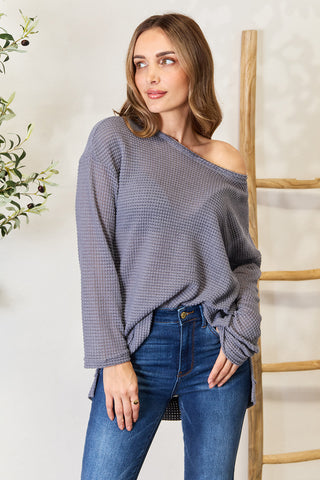 Shop Dark Gray Waffle-Knit Round Neck Long Sleeve Slit Sweatshirt - High-Quality U.S. Made Women’s Fashion with Free & Fast Shipping