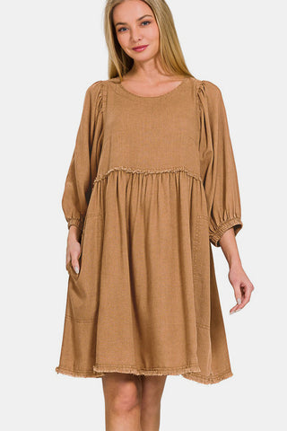 Shop Deep Camel Zenana Washed Linen Pleated Puff Sleeve Babydoll Dress - High-Quality U.S. Made Women’s Fashion with Free & Fast Shipping