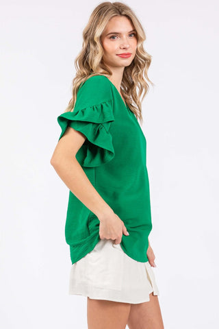 Shop GeeGee Ruffled Short Sleeve V-Neck Blouse - High-Quality U.S. Made Women’s Fashion with Free & Fast Shipping