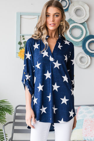 Shop Navy Star Heimish Full Size Roll-Tab Sleeve Star Print Top - High-Quality U.S. Made Women’s Fashion with Free & Fast Shipping