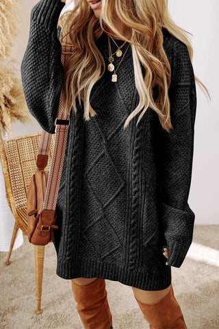 Shop Black Cable-Knit Round Neck Sweater Dress - High-Quality U.S. Made Women’s Fashion with Free & Fast Shipping