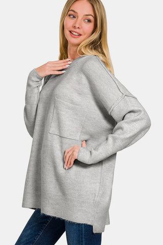 Shop Zenana High-Low Hem Drop Shoulder Sweater - High-Quality U.S. Made Women’s Fashion with Free & Fast Shipping