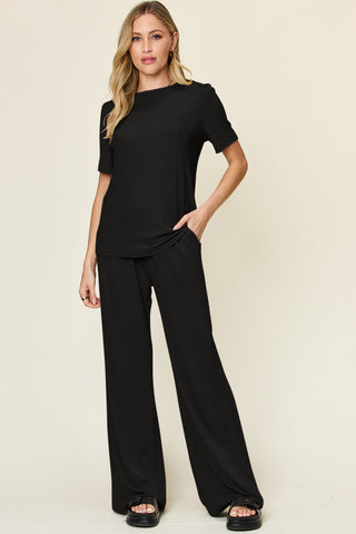 Shop Double Take Full Size Round Neck Short Sleeve T-Shirt and Wide Leg Pants Set - High-Quality U.S. Made Women’s Fashion with Free Fast Shipping